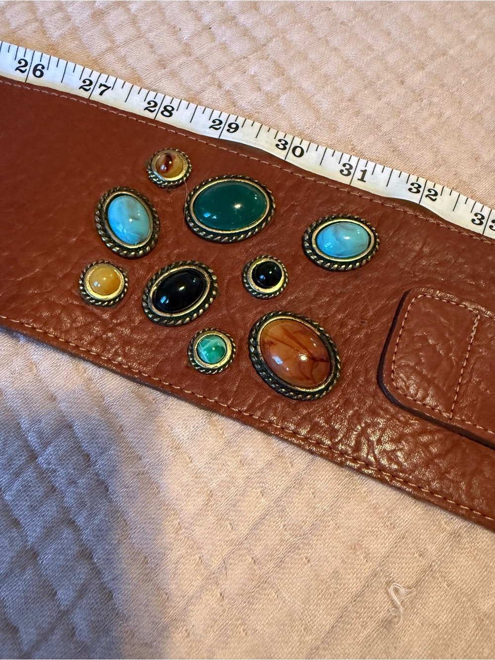 Brown Leather Wide Belt with Multicolor Stone Accents - Picture 8 of 10